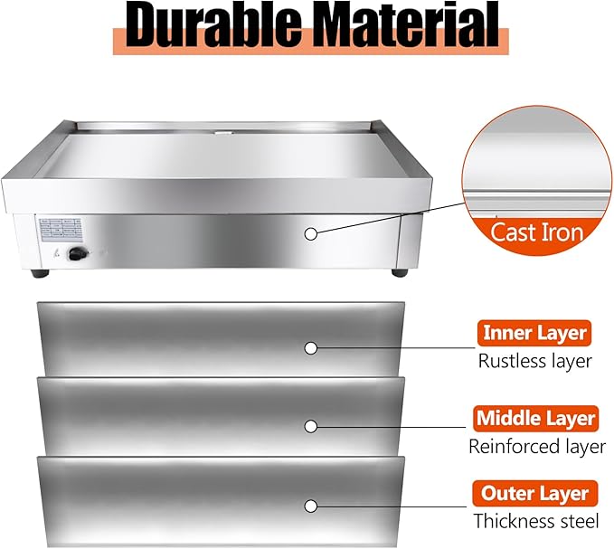 22" Commercial Electric Griddle,Electric Countertop Flat Top Griddle,110V 1600W Electric Flat Top Grill,Non-Stick Restaurant Teppanyaki Stainless Steel Grill,Adjustable Temperature Control