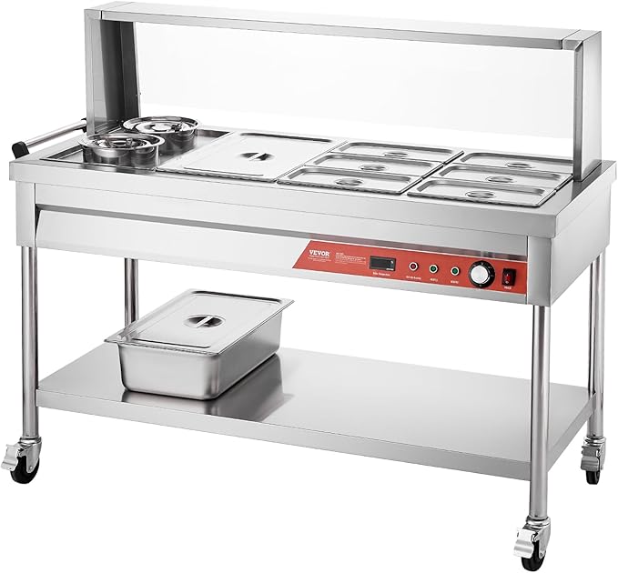 VEVOR Commercial Food Warmer, 7 Pans + 2 Pots Electric Steam Table, 1800W Professional Buffet Catering Food Warmer with Shield Undershelf Wheels, Stainless Steel Server for Party Restaurant Hotel