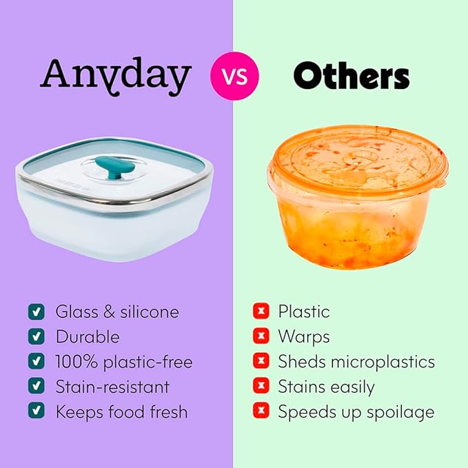 Anyday 5.5-Cup Square Glass Food Storage with Glass Lid | Plastic-Free Meal Prep & Microwave Cookware | Stackable Airtight Storage Container with Vented Lid for Microwave-Safe Reheating