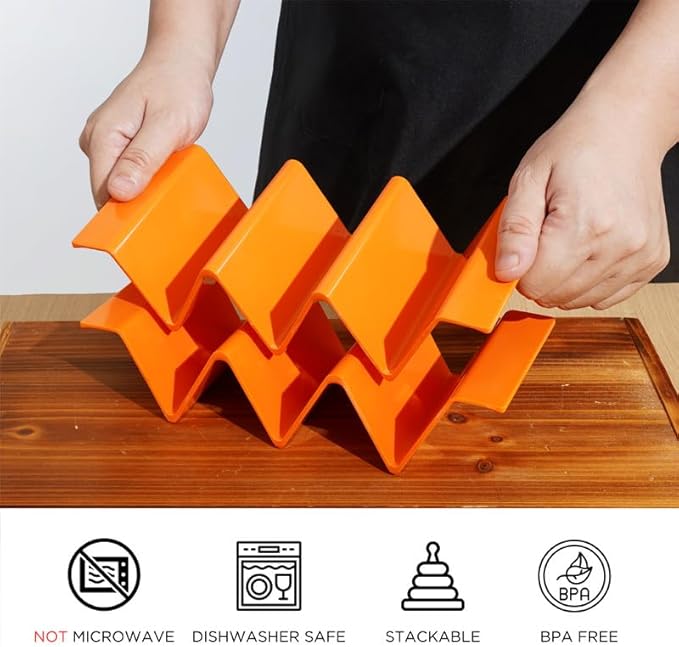 TP Taco Holder Stands, Set of 2 Melamine Large Taco Serving Rack Tray with Handle, Holds 3 Tacos, Dishwasher Safe, Ideal for Taco Night, Party, Home, Fiesta, Orange