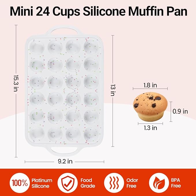 CAKETIME Mini Muffin Pan,Metal Reinforced Frame Silicone Cupcake Pan，Easy To Handle Nonstick 24 Cups Small Muffin Pan, White