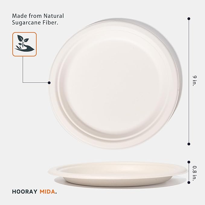 100% Compostable 9 inch Paper Plates, [125-Pack] Disposable Party Plates, (BPI Certified)-Heavy Duty, Eco-Friendly Dinner Paper Plates, Biodegradable Sugarcane Plates, white