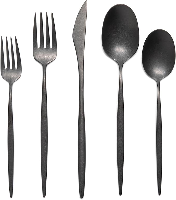 Luxury Vintage Flatware 20-Piece Set – Service for 4, Premium Stainless Steel with Weighted Handles, Aged Heirloom Finish, Dishwasher Safe, Elegant and Modern Cutlery (Vintage Black)