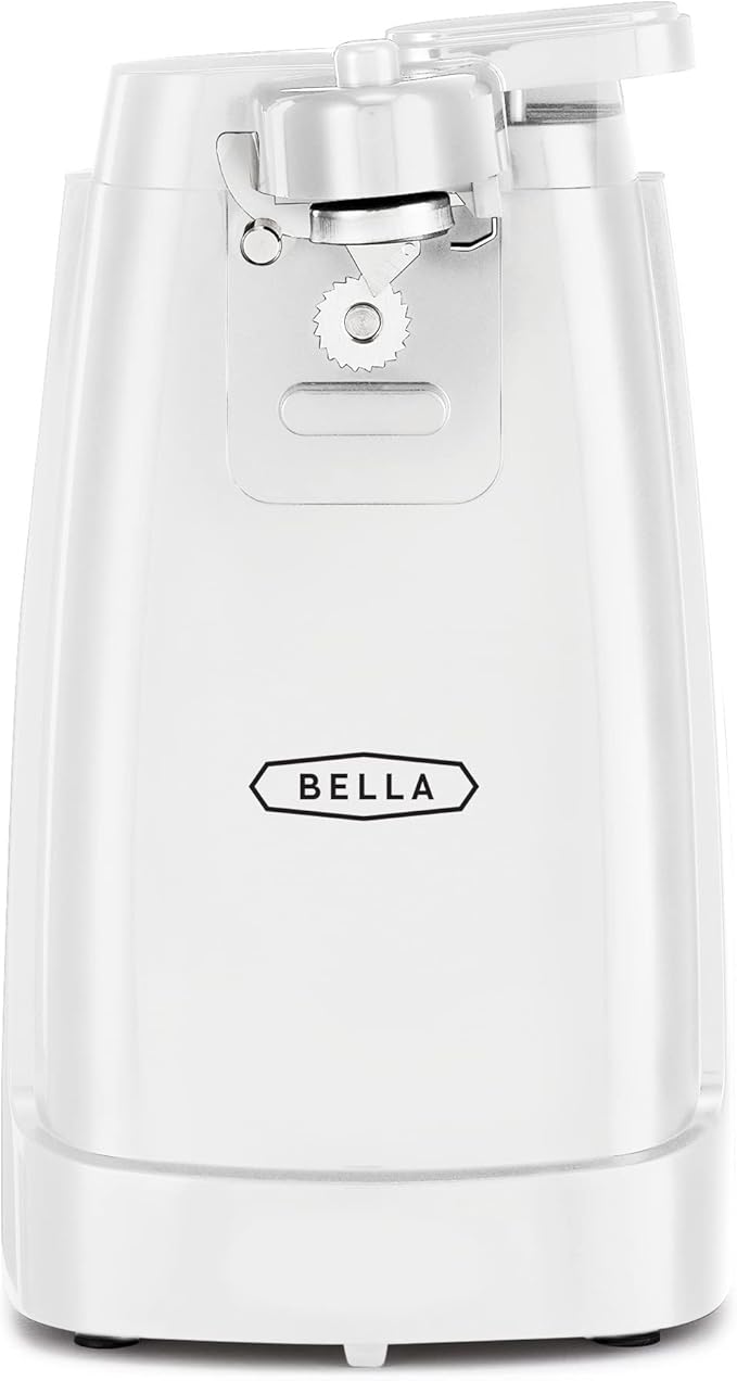 BELLA Electric Can Opener and Knife Sharpener, Multifunctional Jar and Bottle Opener with Removable Cutting Lever and Cord Storage, Stainless Steel Blade, White
