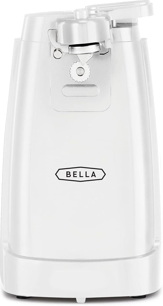 BELLA Electric Can Opener and Knife Sharpener, Multifunctional Jar and Bottle Opener with Removable Cutting Lever and Cord Storage, Stainless Steel Blade, White