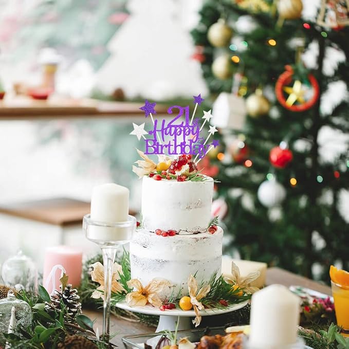 Glittery 21st Happy Birthday Cake Topper with Star,Personalised 21 Birthday Cake Toppers Party Decorations Party Supplies for Boys Girls Purple Silver