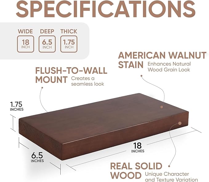 Homeforia Walnut 18 inch Floating Shelf, High End Solid Real Wood 18inch Floating Shelves for Wall Mounted, Dark Brown 18 inches Long Floating Shelves, Heavy Duty Bracket, 18 X 6.5 X 1.75 in, Set of 2