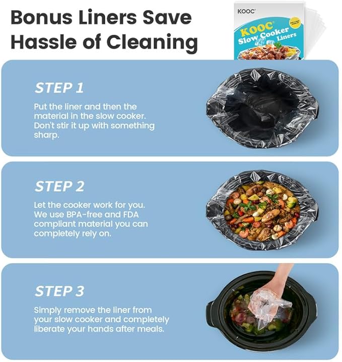 KOOC Triple Slow Cooker Buffet Server and Food Warmer 3x1.5 Quart Individual Temp Control With Lid Rests & Spoons With Liners Included Blue Grey