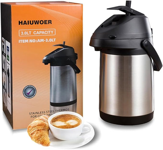 101 Oz & 3L Airpot Thermal Thermos Coffee Dispenser with Pump,Airpot Coffee Carafe Thermal for Keeping Hot Double Walled Insulated Stainless Steel Beverage Dispenser Lever Action for Hot/Cold Water