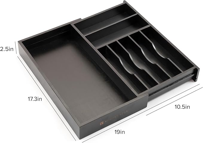 Premium Silverware, Flatware and Utensil Organizer for Kitchen Drawers, Food-Safe Contract Grade, Expandable from 10.5 to 19 In, Black Bamboo