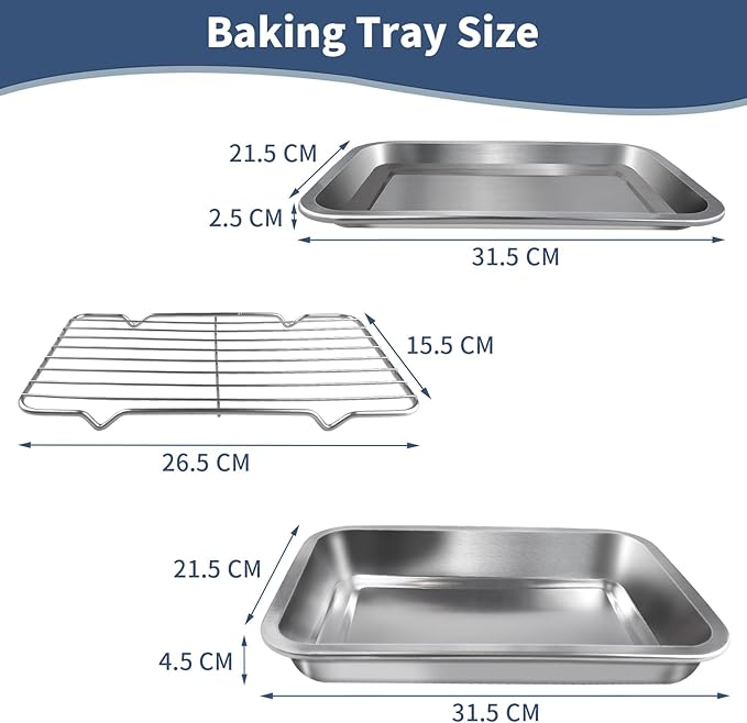 Sheet Pan with Cooling Rack Set [2 Baking Sheets + 1 Baking Rack], Stainless Steel Cookie Sheets for Baking and Wire Rack, Warp Resistant, Heavy Duty, Rust Free, Size 12.4 x 8.46 x 1.77 Inch