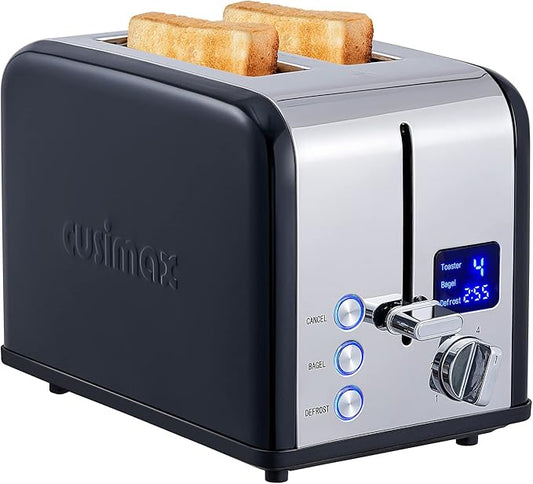 CUSIMAX Stainless Steel 2 Slice Toaster with LED Display, Extra-wide Slots, 6 Browning Settings, Cancel/Bagel/Defrost, Removable Crumb Tray, Black