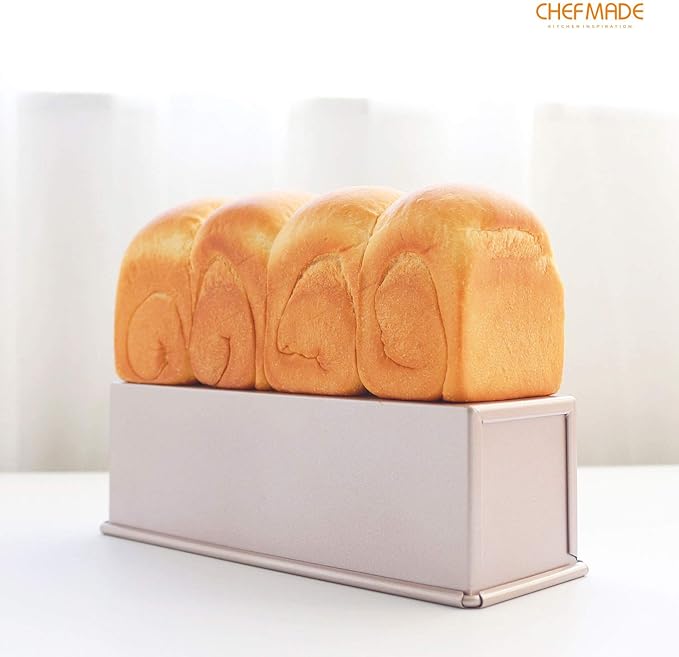 CHEFMADE Mini Pullman Loaf Pan with Lid, 0.66Lb Dough Capacity Non-Stick Rectangle Flat Toast Box for Oven Baking 2.8" x 8.1"x 2.8"(Champagne Gold)