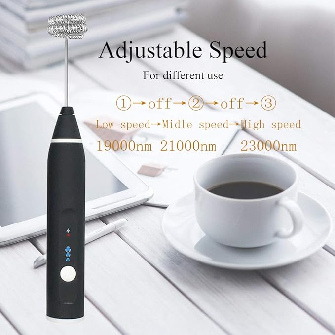 Rechargeable Foam Maker with Double Whisk, RIJAHO Upgraded 3 Speeds Frother Handheld for Milk Coffee, Latte, Matcha