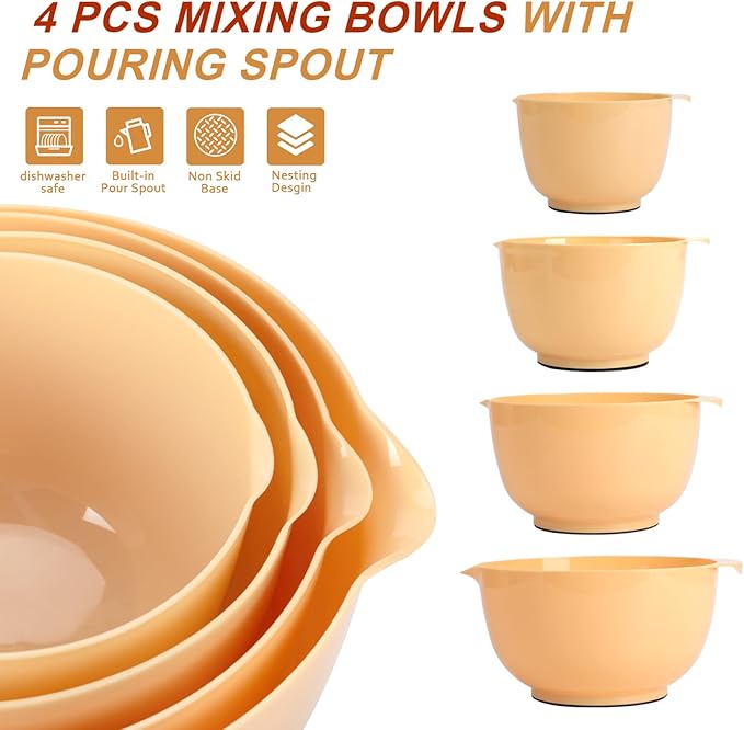 BoxedHome Nesting Plastic Mixing Bowl Set, 4 Piece Mixing Bowl Set with Pour Spouts, Size 1.7, 2.5, 3.5 and 4.5qt, for Prepping, Mixing, Baking, Cooking, Maize