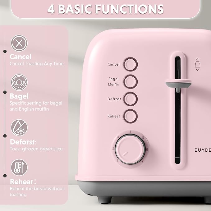 BUYDEEM DT620 2-Slice Toaster, Extra Wide Slots, Retro Stainless Steel with High Lift Lever, Bagel and Muffin Function, Removal Crumb Tray, 7-Shade Settings,Pink