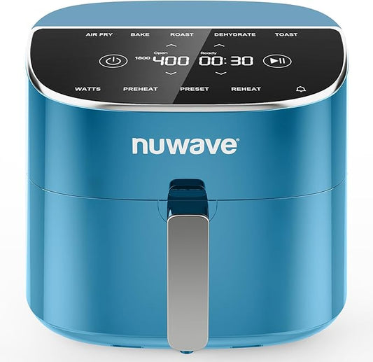 Nuwave Brio Plus 8 Qt Air Fryer, PFAS Free, New & Improved, Digital Touch Screen, Cool White Display, 50°F~400°F in Precise 5°, 5 Cook Functions, 100 Presets & 50 Memory, 3 Wattages 700, 1500, 1800