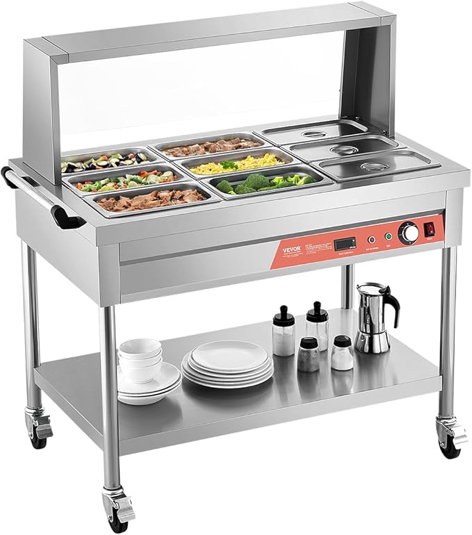 VEVOR 9-Pan Commercial Food Warmer, 9 x 1/3 Pans Electric Steam Table, 1500W Professional Buffet Catering Food Warmer with Shield Undershelf Wheels, Stainless Steel Server for Party Restaurant