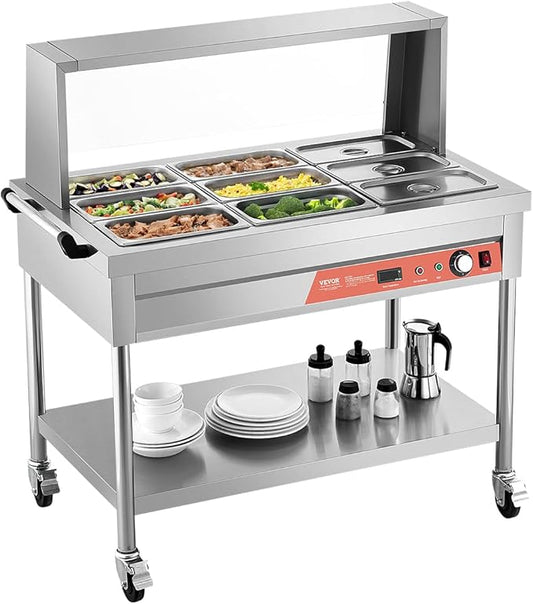 VEVOR 9-Pan Commercial Food Warmer, 9 x 1/3 Pans Electric Steam Table, 1500W Professional Buffet Catering Food Warmer with Shield Undershelf Wheels, Stainless Steel Server for Party Restaurant
