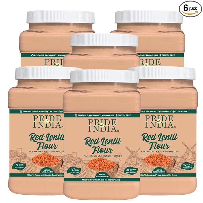 Pride of India - PACK of 6 - Red Lentil Flour 1 lbs (454 gm) Hint of Sweetness Slightly Nutty Earthy Flavor Freshly Milled in Small Batches | Used for Cooking Baking Thickening Coating