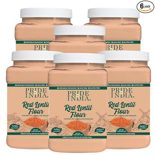 Pride of India - PACK of 6 - Red Lentil Flour 1 lbs (454 gm) Hint of Sweetness Slightly Nutty Earthy Flavor Freshly Milled in Small Batches | Used for Cooking Baking Thickening Coating
