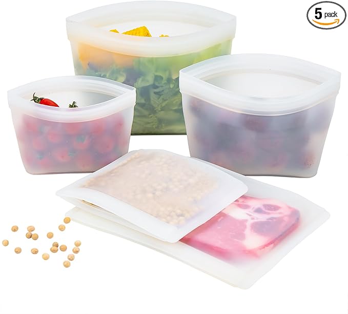 Silicone Bags for Food Storage, Reusable Zip Lock Bags Silicone Food Storage Containers, Freezer Microwave Oven Dishwasher Safe, Plastice BPA-Free 5 Pack (40oz 20oz 12oz 17oz 34oz)