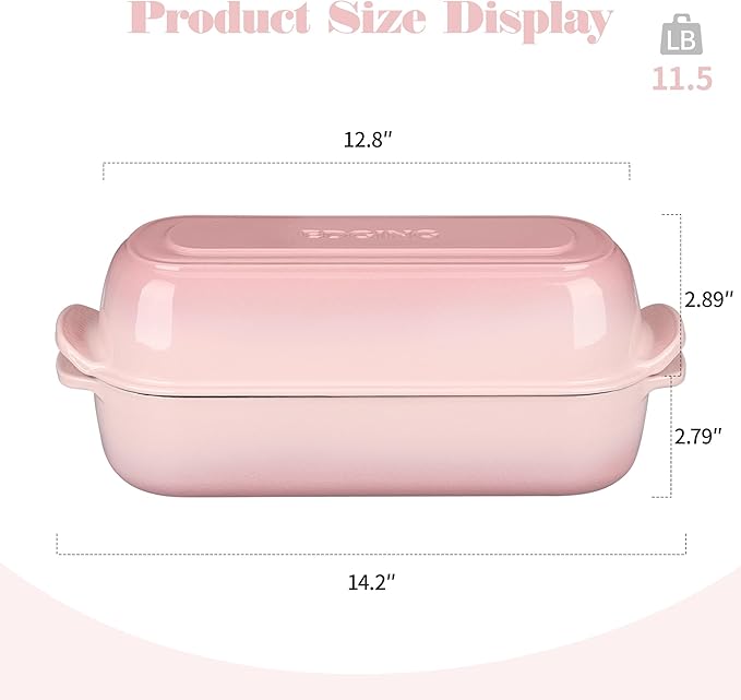 Enameled Cast Iron Loaf Pan with Lid, Dutch Oven for Homemade Bread Baking, 12.5x5.5 inch, 5Qt, Pink