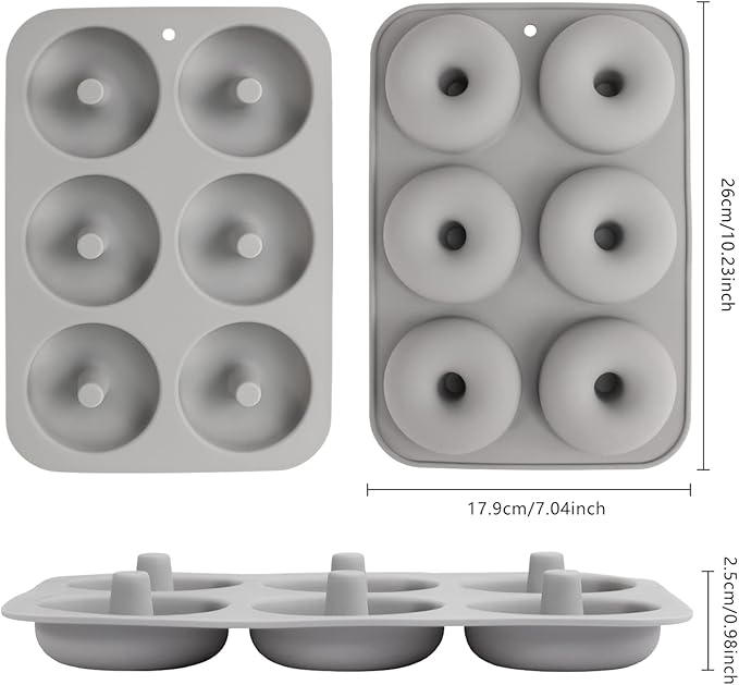 Aichoof Silicone Donut Mold for 6 Doughnuts, Set of 2. Food Grade LFGB Silicone Bagels Baking Pan, Non-Stick, Dishwasher Safe, Heat Resistant and Microwave Safe(Gray)