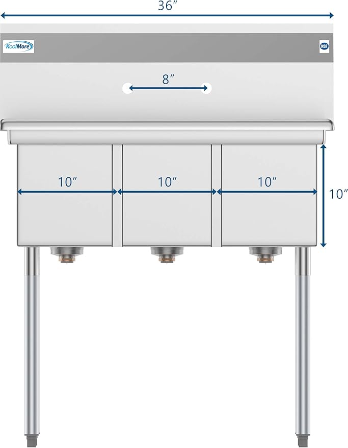 KoolMore 36" 3 Compartment Stainless Steel Triple Bowl NSF Commercial Kitchen Sink - Bowl Size 10" x 14" x 10"