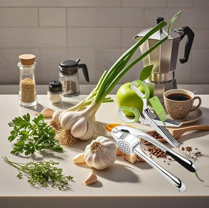 Garlic Press and Herb Scissors Set, 6 Pieces with Garlic mincer and Multipurpose Scissors, Rustproof Tools for Kitchen Use (Silver) (Silver+Green)