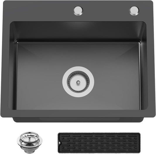 Black 20x16 In Kitchen And Bar Sink- Stainless Steel Drop In Kitchen Sink Modern Single Bowl Topmount Bar Sink With Silicon Mat,Drain Strainer Set Compatibility With Various Kitchen & Bar Style