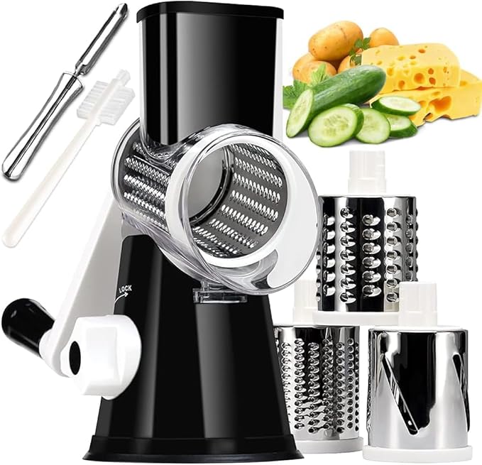 KEOUKE Rotary Cheese Grater with Handle - 3 Changeable Blades for Cheese, Vegetables, Nuts - Black