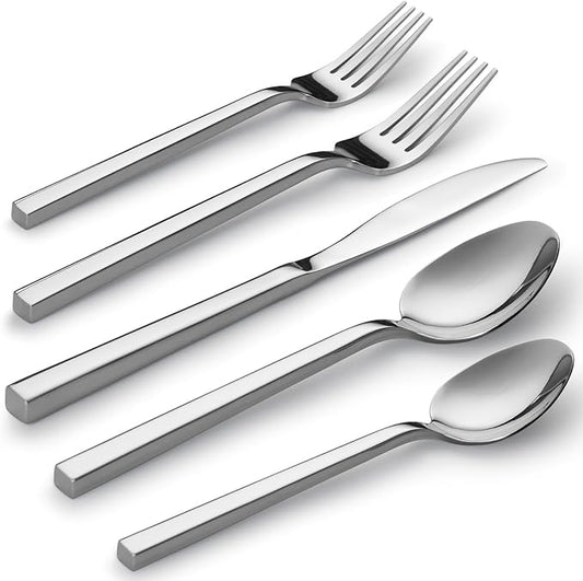 Alata Cube 60-Piece Forged Stainless Steel Flatware Set Cutlery Set, Silverware Set Service for 12, Mirror Finish, Dishwasher Safe