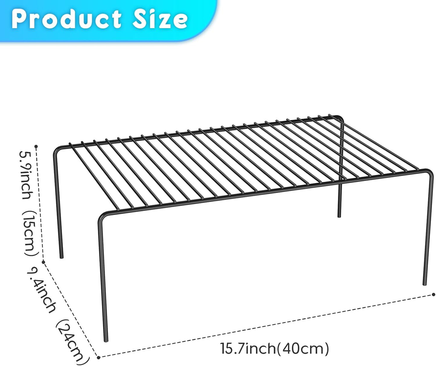 Large(15.7 x 9.4 inch)Black Cabinet Storage Shelf Rack Set of 4, Rustproof Metal Wire Kitchen Counter Organizers and Storage, Spice Organization for Cabinet, Plate, Dish, Pantry, Bathroom, Fridge