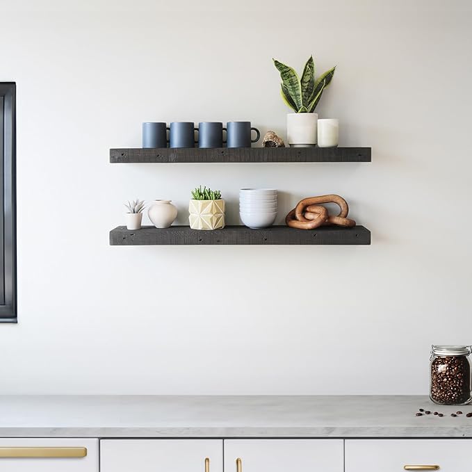 Urban Legacy Reclaimed Barnwood Planks | Floating Shelves for Wall w/Flush Mount Shelf Bracket Set Included | Set of 2 (Coffee Bean, 30"x7"x 2")