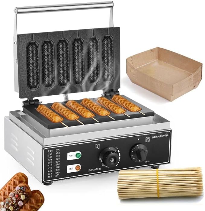 Moongiantgo Commercial Corn Dog Waffle Maker Machine 6 PCS 1550W Hot Dog Cheese Stick Press Iron, 50-300℃ Temp Control, 5-min Timer French Muffin Cooker 110V