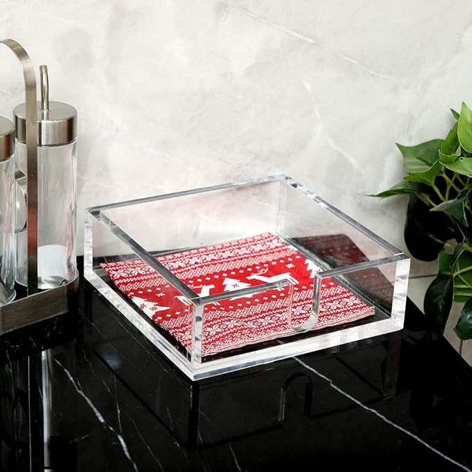 IEEK Acrylic Luncheon Napkin Holder,Decorative Napkin Tray for Dining Table and Kitchen,Clear Flat Napkin Holders Tissue Dispenser,7.1 x 7.1 x 2.6 inches