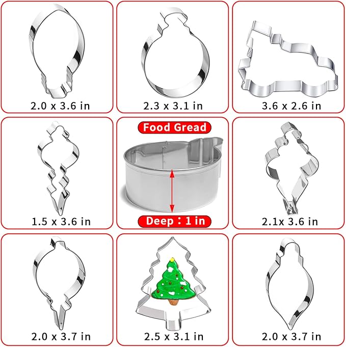 Christmas Ornament Cookie Cutters 8Pcs, Large Cookie Cutters Sturdy Stainless Steel Fondant Dough Cutters for Baking Christmas Decoration