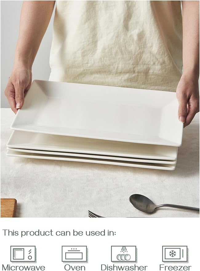 DOWAN 14" Serving Trays, Serving Platters, Ceramic Serving Platters and Trays, Rectangle Plates, Set of 4, for Weddings, Parties, Oven, Microwave, Dishwasher, Heat Resistant, Easy to Clean, Soft White
