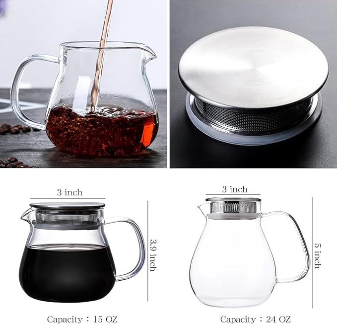 IwaiLoft Glass Teapot with Removable Stainless Steel Filter Lid Stovetop & Microwave Safe Borosilicate Glass Kettle for Loose Leaf, Blooming Tea And Coffee Sharing (24OZ)