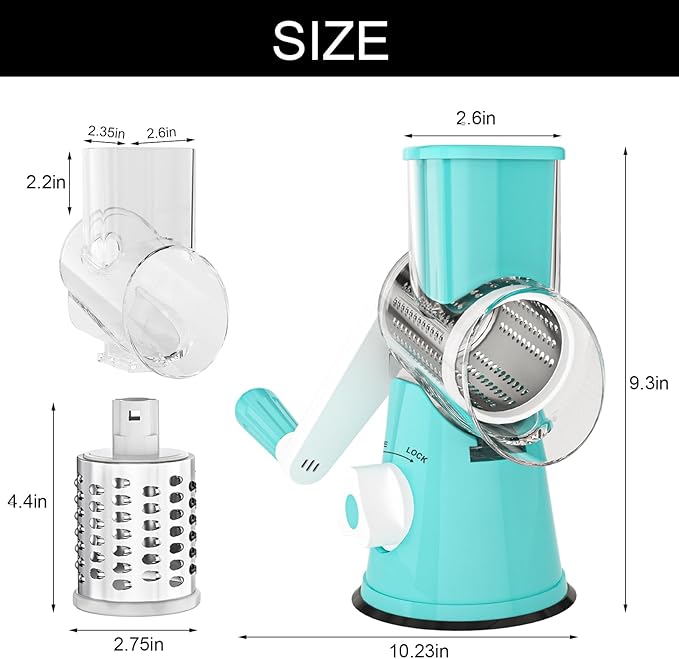 Cambom Rotary Cheese Grater Hand Crank Cheese Shredder for Fresh Cheese, Vegetable, Nuts,Non-slip Suction Base, Five Blades, Blue