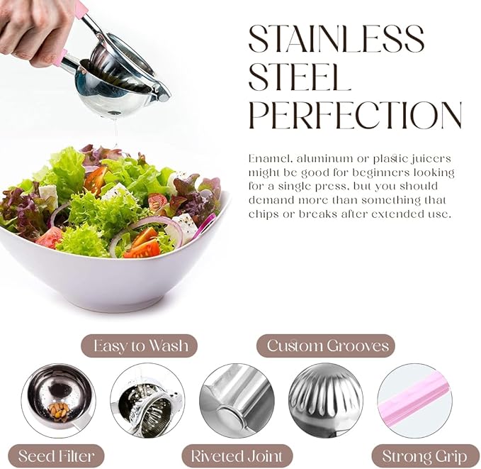 Bellemain Citrus Juicer | Metal Lemon Squeezer | Lime and Lemon Juicer Stainless Steel with Silicone Handles | Manual Juicer, Citrus Squeezer, Hand Held Juicer | Bar Juicer for Bartender (Pink)