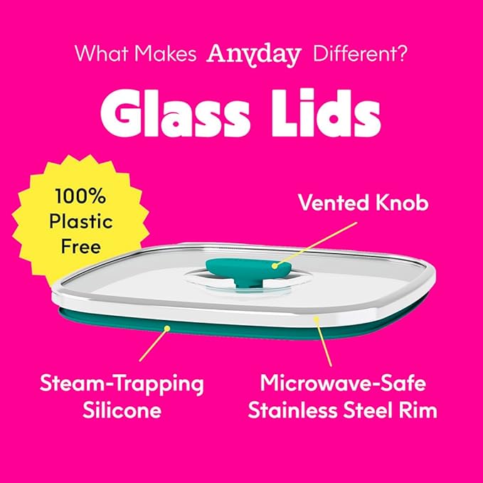Anyday 5.5-Cup Square Glass Food Storage with Glass Lid | Plastic-Free Meal Prep & Microwave Cookware | Stackable Airtight Storage Container with Vented Lid for Microwave-Safe Reheating