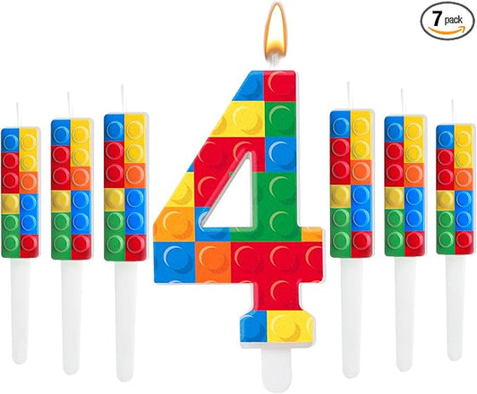 7 Pcs Building Block Themed Birthday Candles Set Building Blocks Number 4 Candle Cake Topper for Building Block Party Decoration Supplies (Number 4)