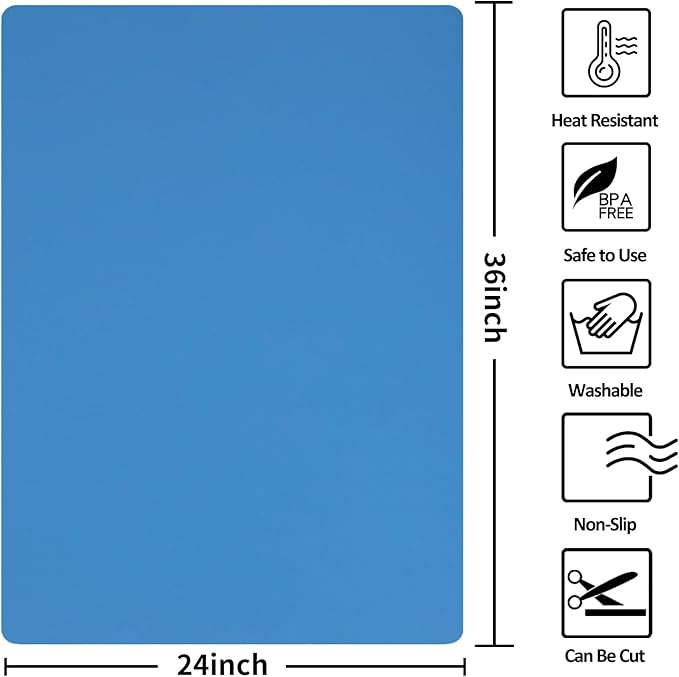 Silicone Mat Heat Resistant Mats for Countertop, Large Silicone Mats for Crafts Kitchen Counter Workbench Table protector, Size 36x24 inches Thick 2mm,Rolled Package,Light Blue