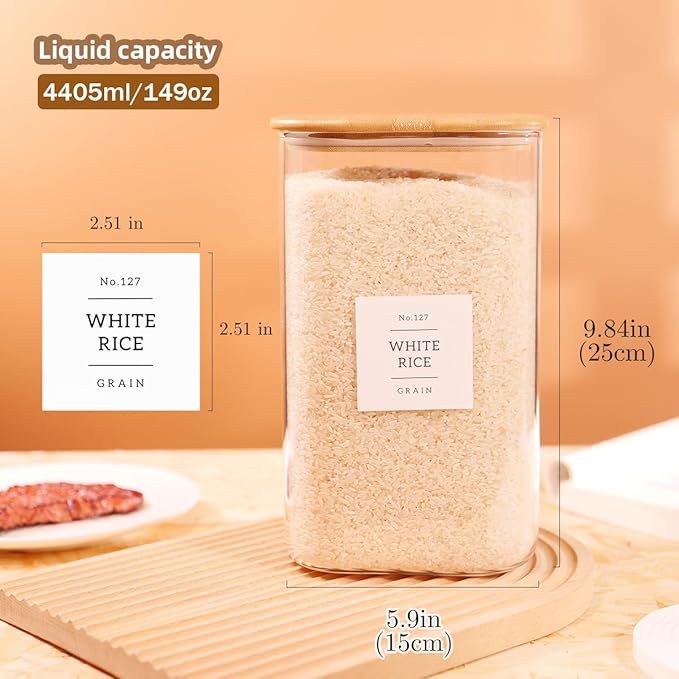 2 Pack Square Glass Flour and Sugar Containers with 132 Kitchen Pantry Labels - Thicken 149 FL OZ Large Glass Storage Jars with Airtight Bamboo Lid - Big Food Canisters for Rice, Pasta, Cookie