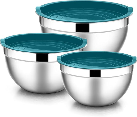 E-far Mixing Bowls with Lids, 6-Piece Stainless Steel Salad Bowls Metal Nesting Bowls for Baking Cooking and Prepping, Airtight Lids & Stackable Design, Size 4.5, 3, 1.5 QT (Blue)