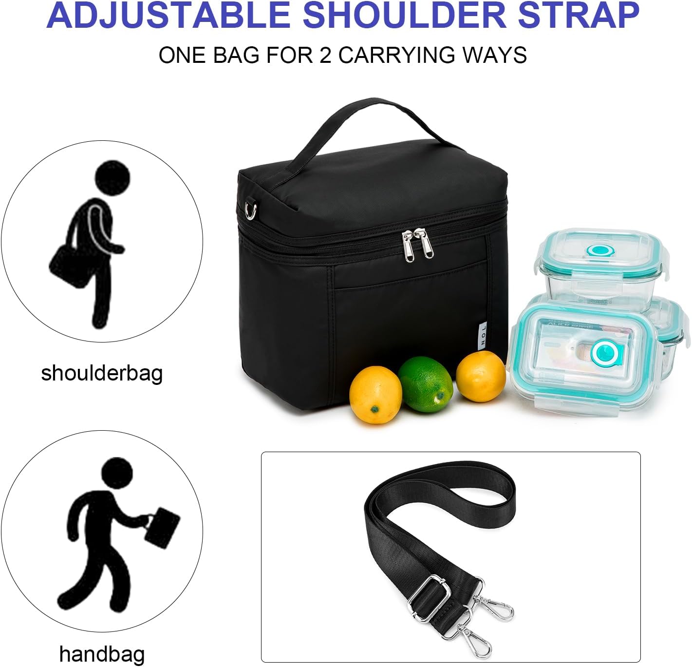 NOL Natural Organic Lifestyle Reusable Lunch Bags for Adults Lightweight Waterproof Lunch Box with Removable Adjustable Strap Insulated Leakproof Cooler Lunch Bag for Work Black Medium Size