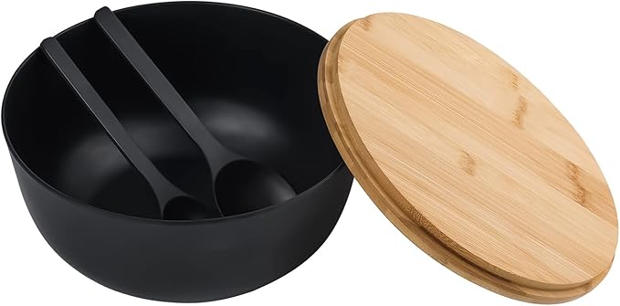 Bamboo Fiber Salad Bowl with Servers Set Large 9.8inches Nature Bamboo Mixing Bowl with Servers with Lid Spoon and Fork for Fruits,Salads and Vegetables