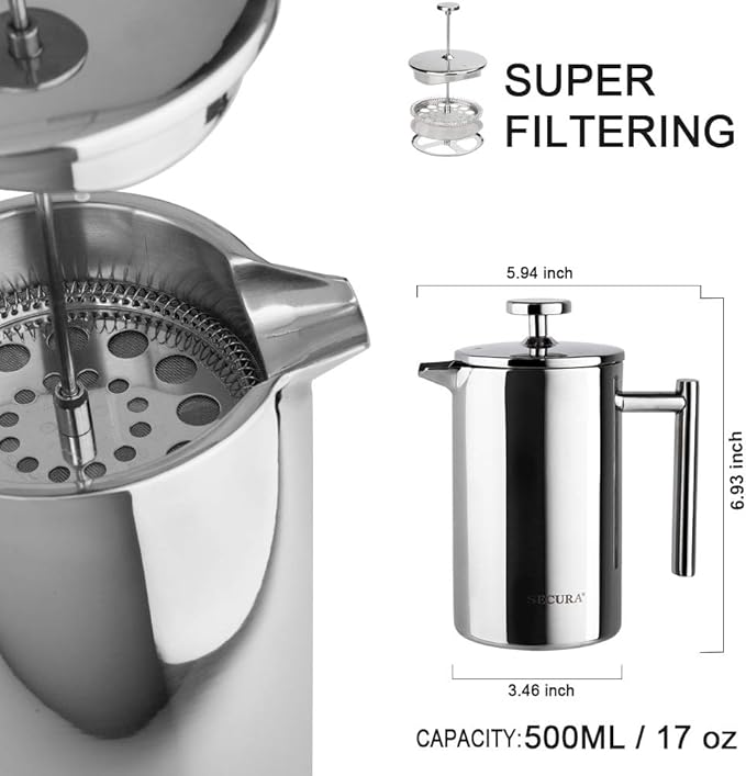 Secura French Press Coffee Maker, 304 Grade Stainless Steel Insulated Coffee Press with 2 Extra Screens, 17oz (0.5 Litre), Silver